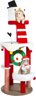NUNU LAB 64.2'' Christmas Cat Tree Tower, Indoor Modern Cat Tower with Sisal Ramp Scratching Posts, Cozy Basket, Hammocks, Lage Cats Pet Activity Structure