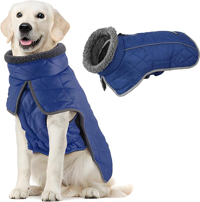 Fragralley Dog Coat Large, Waterproof Dog Jacket with Warm Fleece Lining, Adjustable Reflective Dogs Winter Coat, Turtleneck Pet Coats for Cold Weather (Blue L)