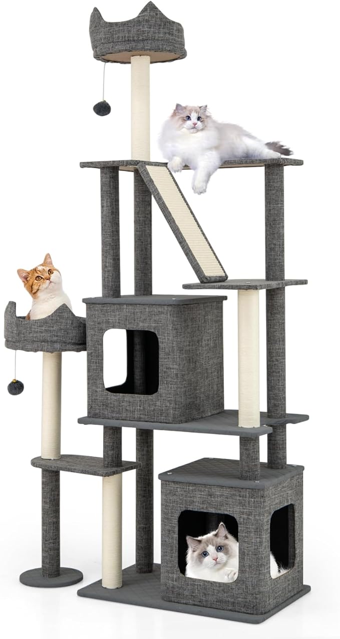 Tangkula 71 Inch Tall Cat Tree, Multi-Level Large Cat Tower with Scratching Posts & Sisal Board & Ladder, 2 Removable Condos, Perch, Bed, Dangling Balls, Modern Linen Fabric Cat Tree for Indoor Cat