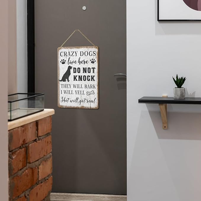 Wood Decorative Signage, DOGSlivehere, 12 x 8 inches, Funny Front Door Sign for Home Decor, Crazy Dogs Live Here - Please Do Not Knock Or Ring Doorbell
