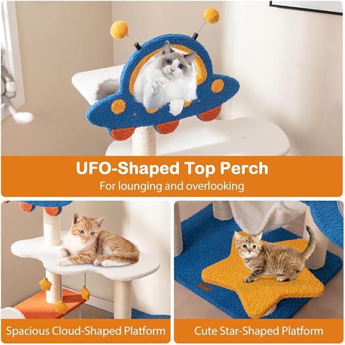 49" Space-Themed Cat Tree Tower – UFO Perch, Transparent Capsule, Hammock & Sisal Scratching Posts – 7-Level Modern Cat Condo for Indoor Cats