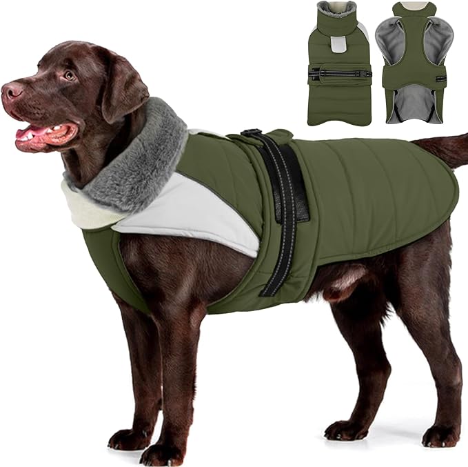 MIGOHI Dog Winter Coat - Reflective Medium Dog Snow Jacket with Thick Turtleneck,Windproof Pet Fleece Vest, Cold Weather Coat for Medium Dogs, Snowproof for Hiking,Camping,L,ArmyGreen