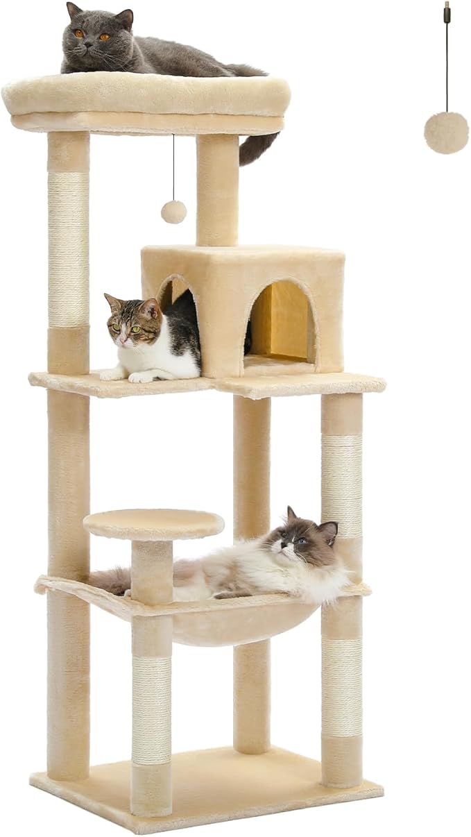 PETEPELA 56.3 Inches Multi-Level Cat Tree Cat Tower with Sisal Covered Scratching Posts, Comfort Condo, Extra Large Hammock and Plush Perches Beige