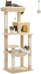 PETEPELA 56.3 Inches Multi-Level Cat Tree Cat Tower with Sisal Covered Scratching Posts, Comfort Condo, Extra Large Hammock and Plush Perches Beige