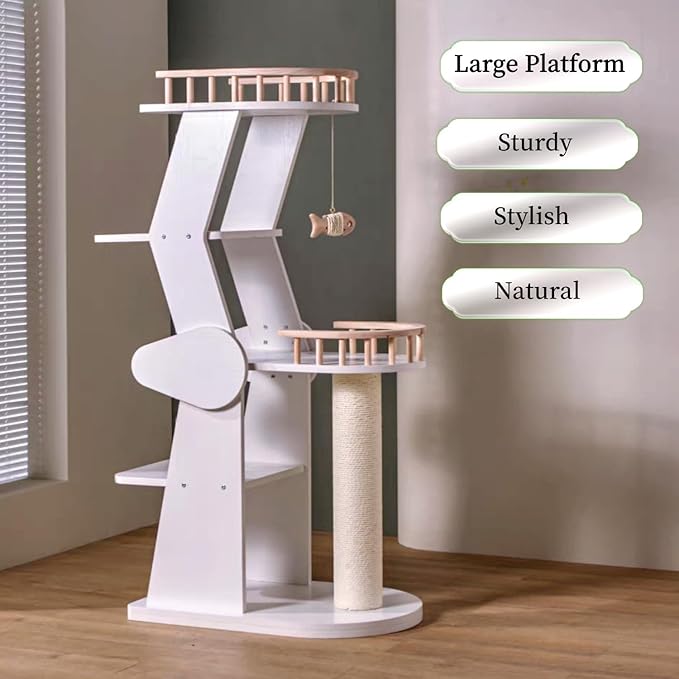 SHENGOCASE Modern Wooden Cat Tree Tower, 54.3 Inches Tall, 5-Level Perch Platform with Scratching Post, White