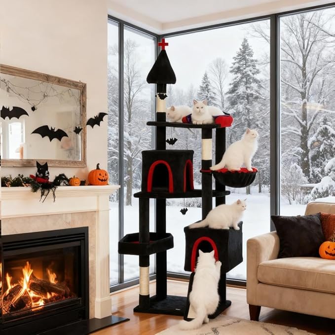 Stylish Cat Tree Tower with Sisal Scratching Posts, Cozy Condo, and Plush Perches for Climbing, Resting, and Play (Black Multi + Cotton + Particle Board)