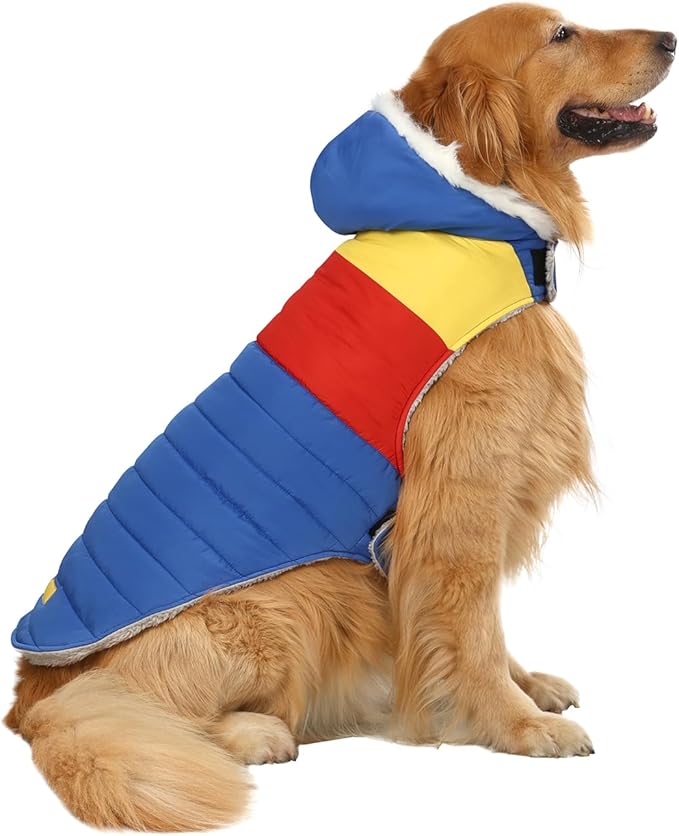 HDE Dog Puffer Jacket Fleece Lined Warm Dog Parka Winter Coat with Harness Hole 90s Colorblock - L
