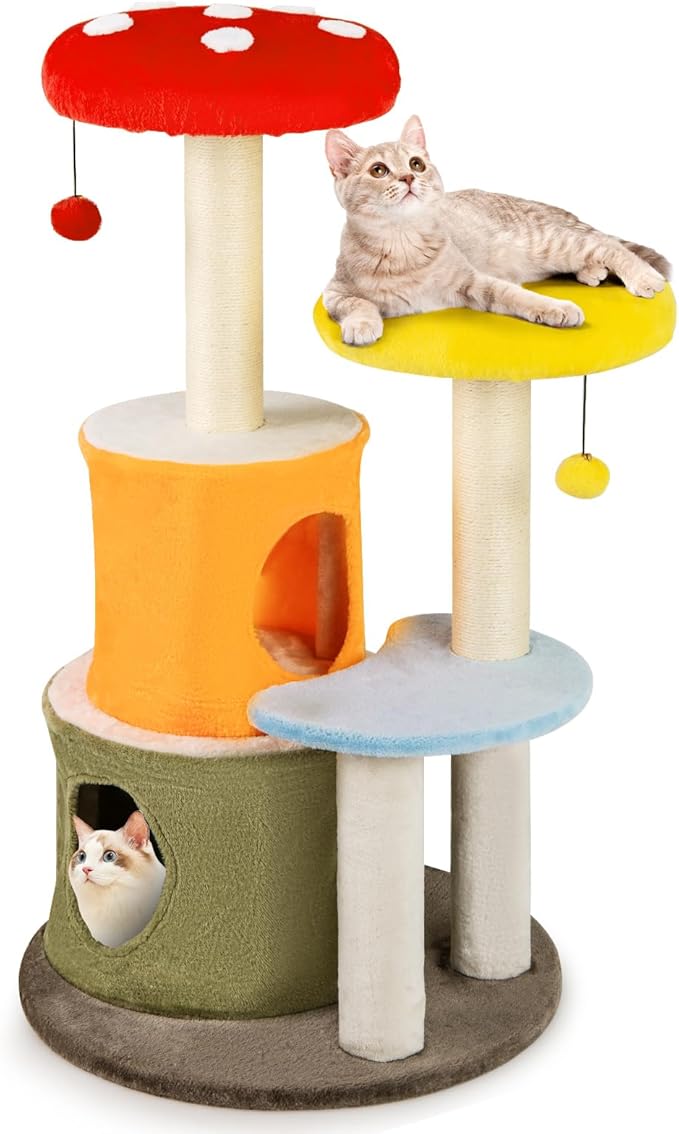 Tangkula Mushroom Cat Tree, 43 Inch Cute Cat Tower with Sisal Scratching Posts, Dual Cozy Condos, Padded Platforms, 2 Pompom Dangling Balls, Multi-Level Modern Cat Tree Tower for Indoor Cats