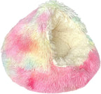 Cat Bed Round Fluffy Hooded Cat Bed Cave, Anti-Anxiety Cave Bed with Hooded Blanket, Cozy Cuddler Luxury Puppy Pet Bed, Anti-Slip Bottom and Machine Washable (Rainbow, Medium)