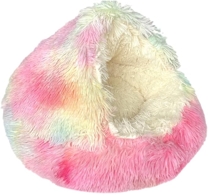 Cat Bed Round Fluffy Hooded Cat Bed Cave, Anti-Anxiety Cave Bed with Hooded Blanket, Cozy Cuddler Luxury Puppy Pet Bed, Anti-Slip Bottom and Machine Washable (Rainbow, Medium)