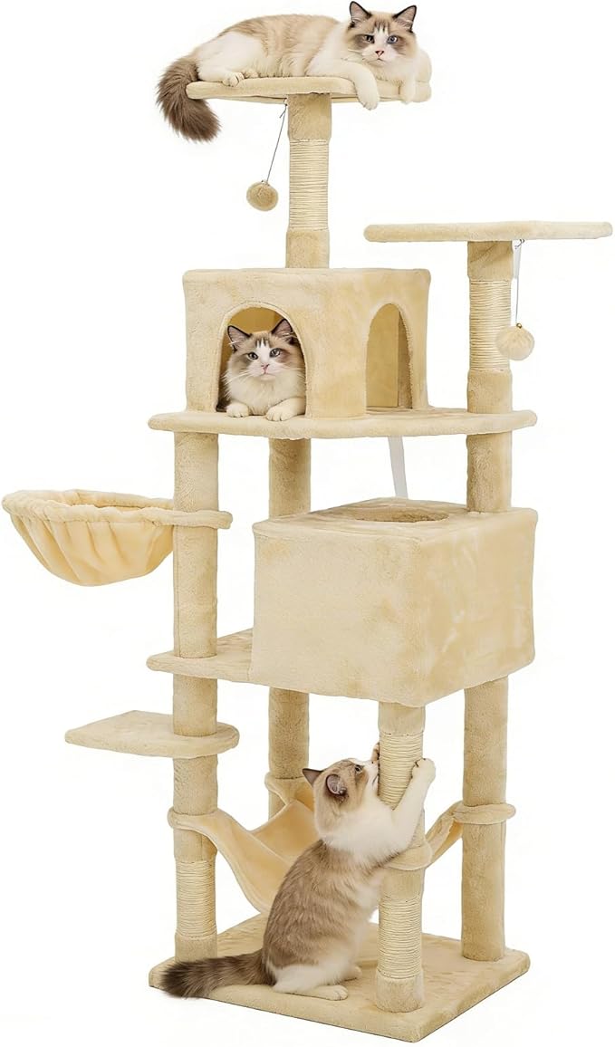 61 Inch Cat Tree with Platform & Hammock, Plush Perch Scratcher & Playhouse for Indoor Cats(Beige)