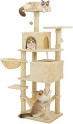 61 Inch Cat Tree with Platform & Hammock, Plush Perch Scratcher & Playhouse for Indoor Cats(Beige)