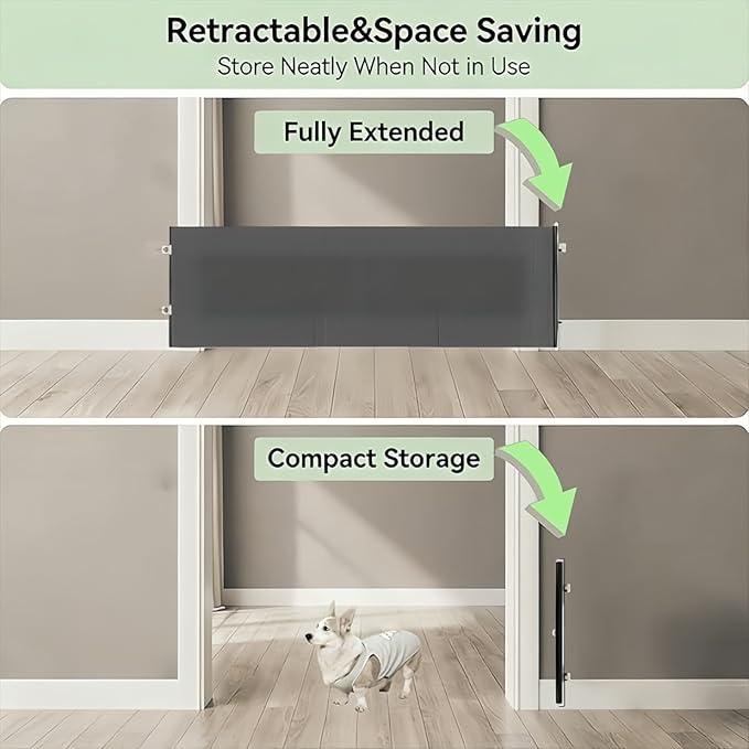 17" Step Over Retractable Dog Gate, No-Drill Pet Barrier for Doorways & Stairs, Easy Human Access & Pet Containment, Adjustable Small Dog Gate for Indoor Use