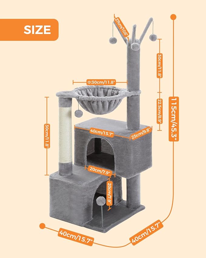 45-Inch Small Cat Tree with 2 Condos for Indoor Cats,Cat Tower with Scratching Posts for Small Cats,Grey Cat Tree Tower with Hammock and Cat Toys