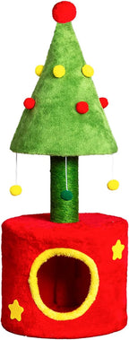 Christmas Cat Tree, 30in Cats Scratching Post with Cat House for Indoor Kitten, Cats Tree Tower with Sisal Post and Cute Hanging Balls, for Indoor Bedroom Living Room