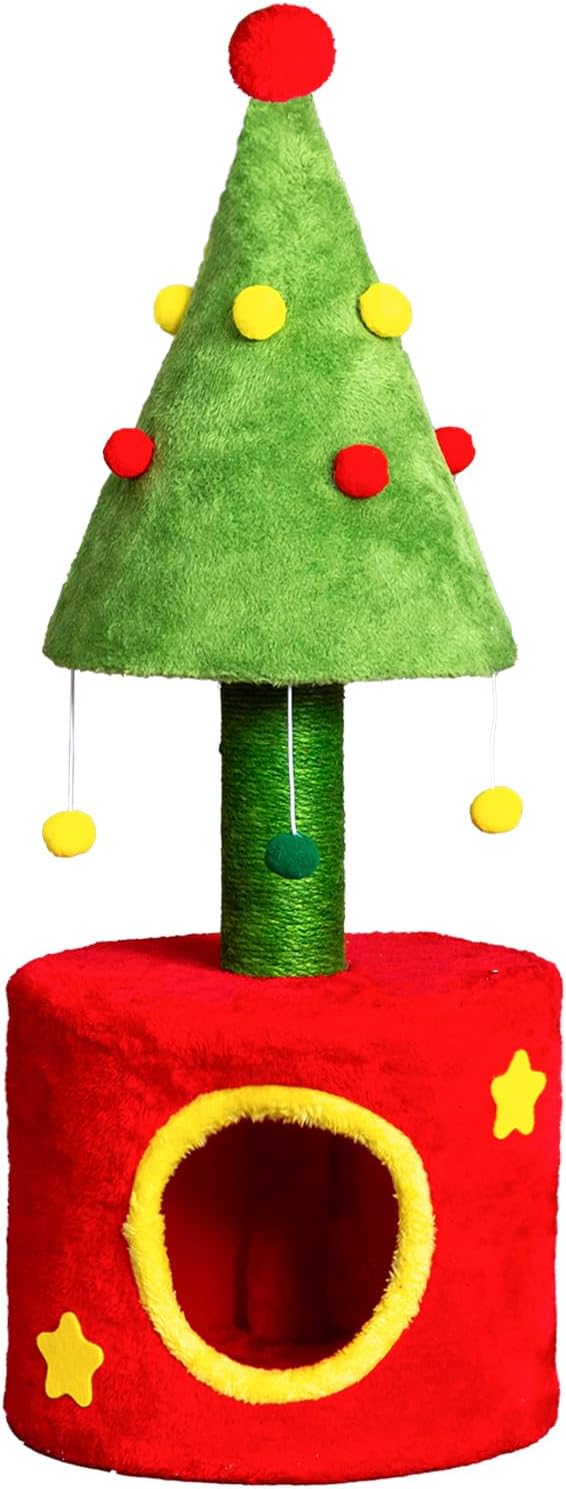 Christmas Cat Tree, 30in Cats Scratching Post with Cat House for Indoor Kitten, Cats Tree Tower with Sisal Post and Cute Hanging Balls, for Indoor Bedroom Living Room