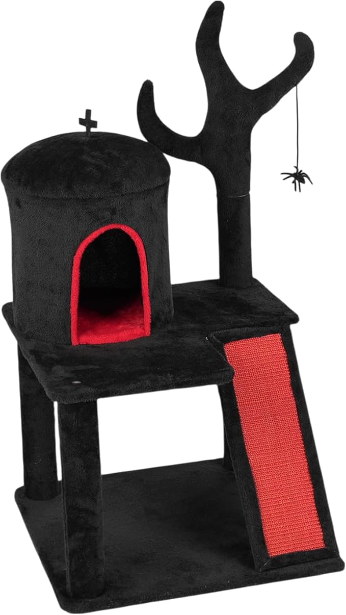 42" Gothic Cat Tree with Cat Condo for Indoor Cats, Halloween Cat Tower with Branch Shaped Scratching Post, Scratching Ladder & Spider Toy - Red & Black Themed Cat Furniture for Large Cats