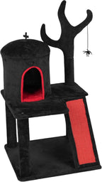 42" Gothic Cat Tree with Cat Condo for Indoor Cats, Halloween Cat Tower with Branch Shaped Scratching Post, Scratching Ladder & Spider Toy - Red & Black Themed Cat Furniture for Large Cats