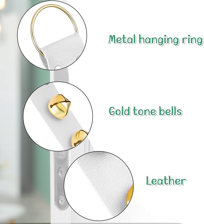 Frienda Hanging Jingle Sleigh Bells 7-Bell Dog Doorbells for Door Knob Faux Leather Belts Go Outside Dog Bells Christmas Decor and Holiday Decorations, 18.7 x 1.8 x 1 Inches(White with Gold)