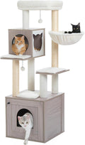 PETEPELA Cat Tree with Litter Box Enclosure, 2-in-1 Wood Cat Tower for Indoor Large Cats, 57.5'' Cat Condo with Scratching Posts, Cozy Hammock and Repalcable Dangling Balls, Grey