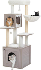 PETEPELA Cat Tree with Litter Box Enclosure, 2-in-1 Wood Cat Tower for Indoor Large Cats, 57.5'' Cat Condo with Scratching Posts, Cozy Hammock and Repalcable Dangling Balls, Grey