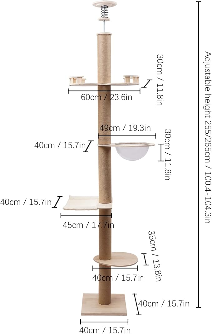 Floor to Ceiling Cat Tree, Adjustable Height(100.4-104.3'') Solid Wooden Tall Cat Tower for Indoor Cats with Springboard, Space Capsule, U-Shaped Hammock, Double Watchtower, for Indoor 33 LBS Cats