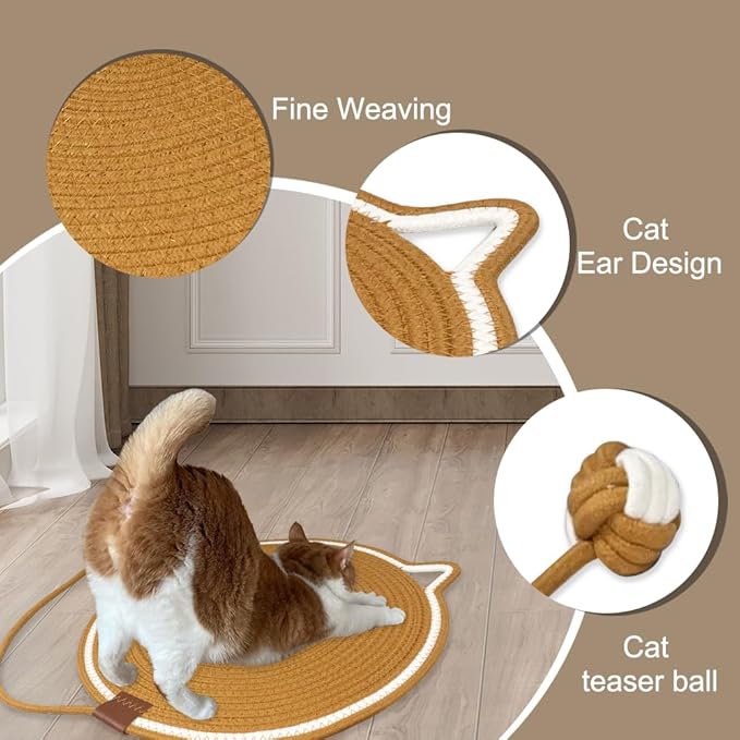 Personalized Cat Scratcher Mat, Customized with Name Text Natural Cotton Rope Round Horizontal Cat Scratching Pads with Ball Toy, Cat Furniture Protector for Wall, Couch, Carpets, Sofa (Brown)