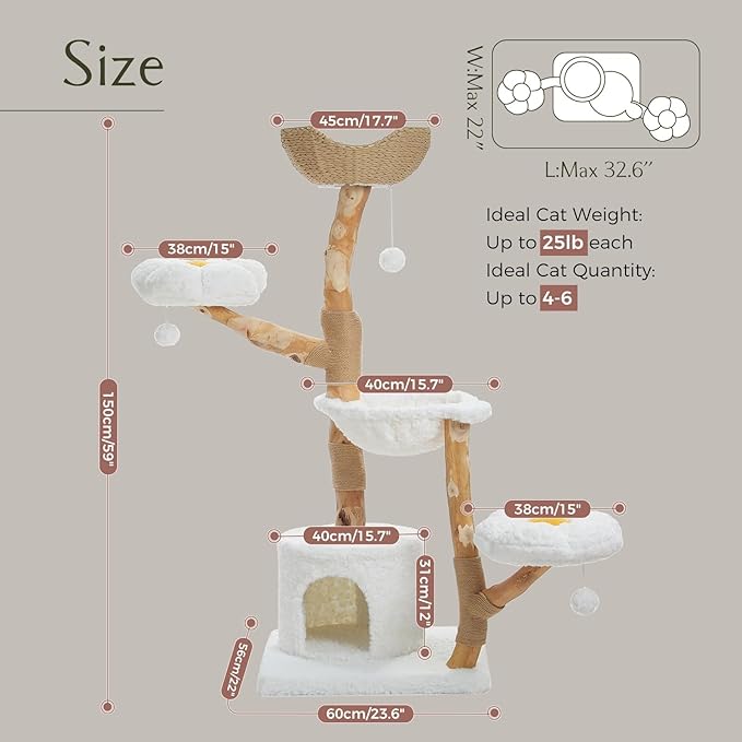 Cat Tree for Indoor Cats Large Adults, 59 Inches Modern Cat Tower with Large Basket and Hammock, Natural Solid Wood, Luxury Condo & Dual Perches, Modern Cat Furniture for Big Cats, White
