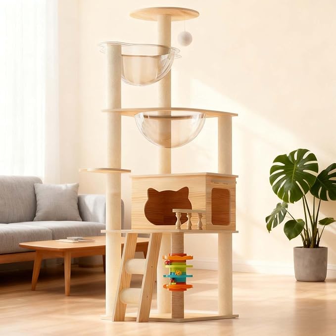 59” Wood Cat Tower with Sisal Scratching Post, Modern Cat Tree with 2 Acrylic Bowl, Cat Condo, Climbing Ladder & Hanging Ball Toy, Multi-Level Cat Activity Center (59 inch)