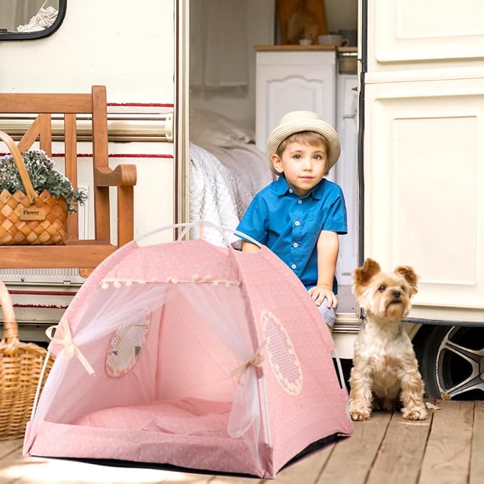 Pawstrip Dog Tent Indoor Cat House Pink Puppy Bed Portable Pet Teepe Princess Dog Camping Tent Outdoor Kitten Houses Cute Bunny Nest Girl Kitty Cave, Small (13.8" x 13.8" x 11.8")