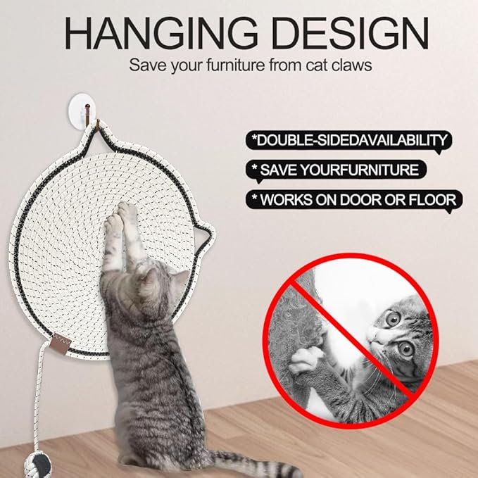 Personalized Cat Scratcher Mat, Customized with Name Text Natural Cotton Rope Round Horizontal Cat Scratching Pads with Ball Toy, Cat Furniture Protector for Wall, Couch, Carpets, Sofa (White)
