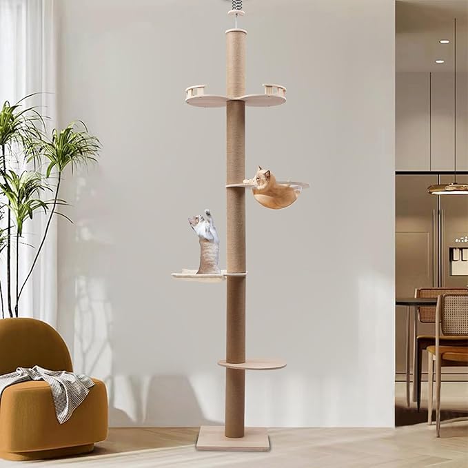 100.4-104.3 Inches Cat Tree Floor to Ceiling Natural Sisal Rope Scratching Climbing Post Adjustable Cat Tree Cat Multi-Level Furniture Activity Center with Soft U-Shaped Hammock