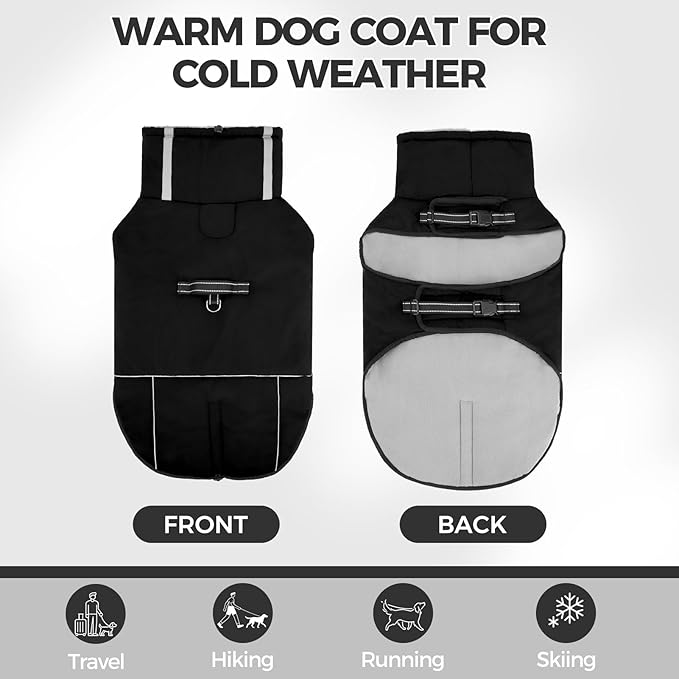 Mihachi Dog Coat for Medium Dogs, Warm Dog Winter Coat Waterproof Dogs Jacket with Harness Built in Reflective Pet Fleece Vest, Puppy Cold Weather Coats Turtleneck & Windproof Dogs Snowsuit, Black M