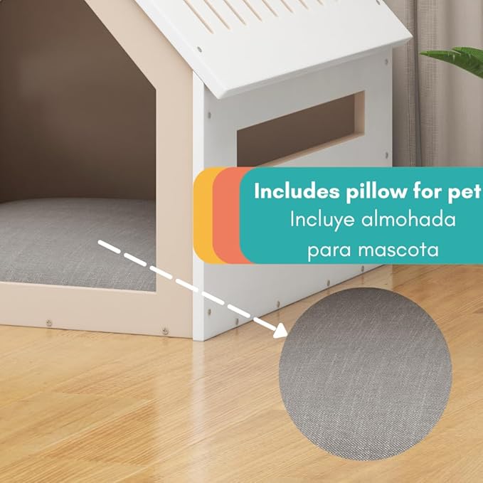 POLIPETS Large House for Pets, Wooden House for Pets for Interiors, Resistant Wood with Cushion for Dog Included, Minimalist, Elegant and Resistant, 32x31.5x31.7 in, Matte White