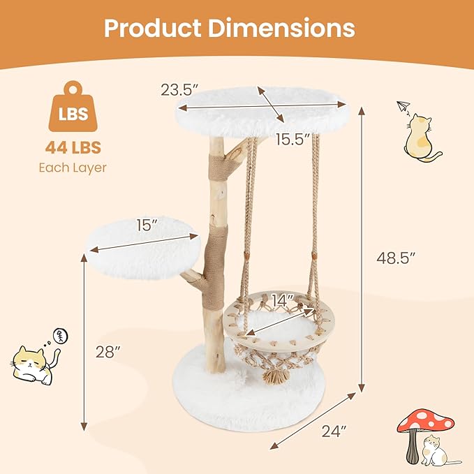 Tangkula Solid Wood Cat Tree, 48.5” Natural Branch Modern Cat Tower with Luxury Hanging Cradle, Jute Scratching Post, Top Perch, Padded Platform, Soft Long Plush, Boho Cat Tree for Indoor Kittens