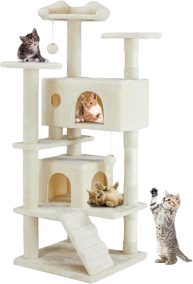 54-Inch Cat Tree Tower with Condo & Platforms, Multi-Level Cat Climbing Tree for Indoor Cats, Sturdy Cat Treehouse with Soft Fabric & Scratching Posts, Beige