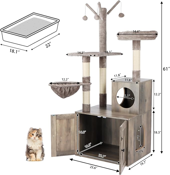 Two Cat Tree with Litter Box Enclosure Bundle, 2-in-1 Cat Tower for Indoor Cats, Large Cat Furniture, Wood Cat Condo