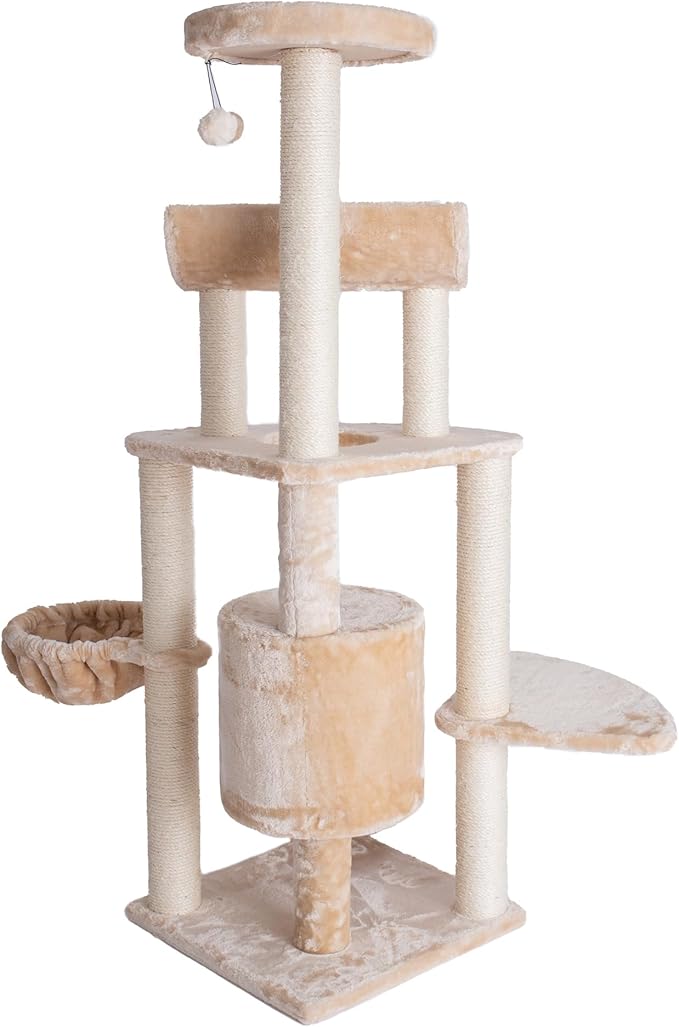 Armarkat Beige Cat Tower 58 Inches with Basket Lounge, Ramp, Condo, Thick Sisal Rope, Real Pressed Wood Base, Faux Fur Covering for Indoor Cats