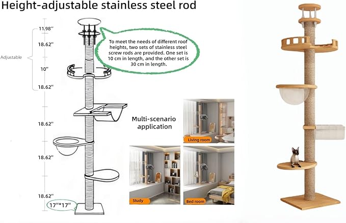 Sturdy Floor to Ceiling Cat Tree - Heavy Duty Solid Wood Column Cat Tower Adjustable Height 6-9.5ft Tall Cat Tower for Large Cats Modern Cat Activity Tree for Indoor Cats