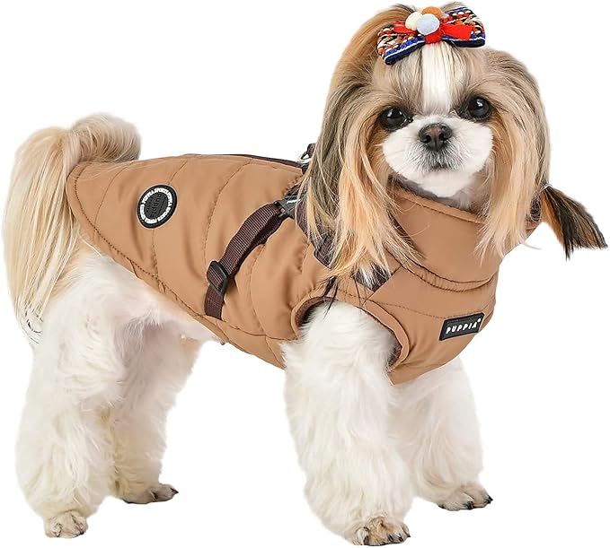 Puppia Mountaineer Winter Dog Coat with Integrated Harness No Pull Cold Weather Waterproof Warm Fleece Back Zipper for Small & Medium Dog, Beige, Large