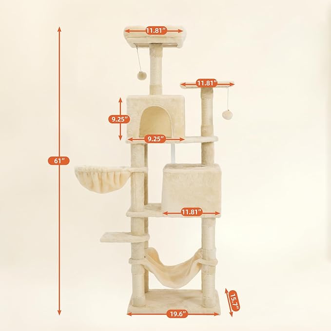 61 Inch Cat Tree with Platform & Hammock, Plush Perch Scratcher & Playhouse for Indoor Cats(Beige)