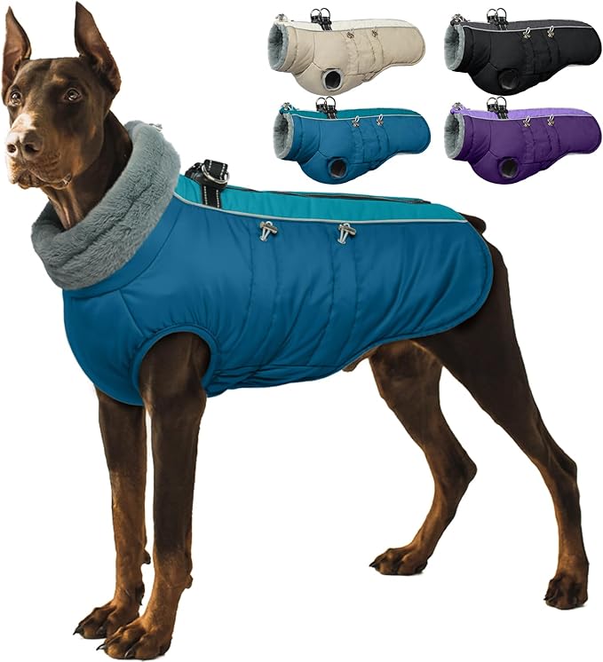 IDOMIK Warm Dog Coat with Harness, Waterproof Reflective Dog Jackets for Small Medium Large Dogs, Fleece High Collar Winter Jacket with Zipper, Pet Winter Snowsuit Clothes for Cold Weather,Blue 2XL