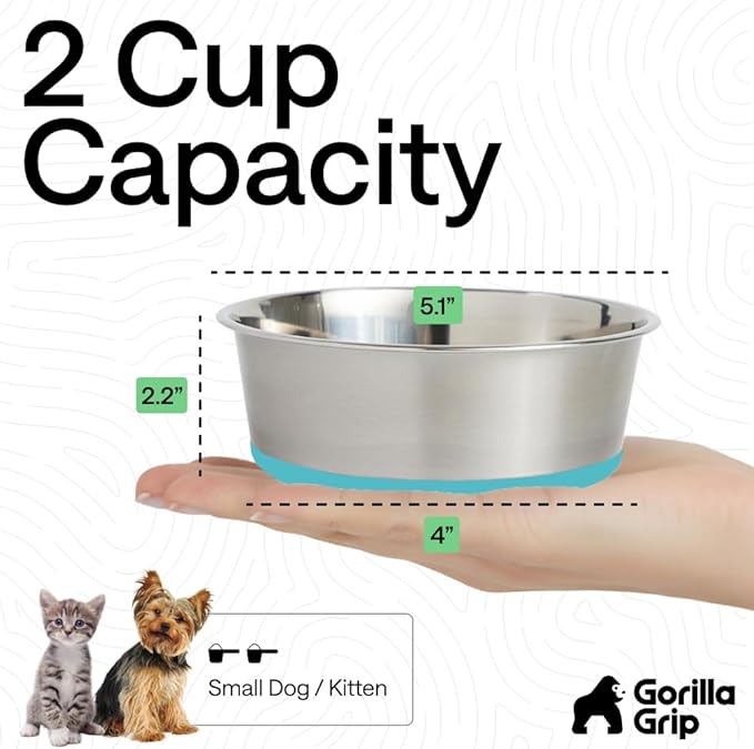 GORILLA GRIP Dog Bowls, Food Grade 304 Stainless Steel Holds 2 Cups Each (16 fl oz) Food and Water Bowl for Feeding Dogs and Cats Dishwasher Safe Rust Resistant BPA Free Rubber Base Set of 2 Turquoise