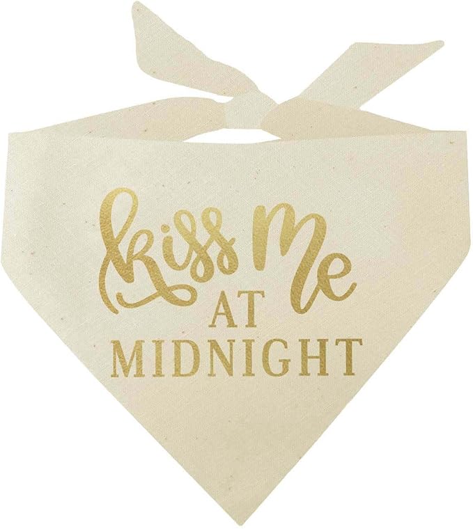 Kiss Me at Midnight Dog Bandana | 100% Unbleached Cotton Adjustable Triangle | Made in USA | New Year's Eve | Celebration | Cheers to 2026 |Natural, X-Small (357)