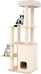 63" Tall Wooden Cat Tree, Indoor Kitten Tower with 2-Story Condo, Plush Padded Top Perch, Sisal Scratching Posts & Mat, Dangling Ball, Multi-Level Climbing Stand, Modern Indoor Pet Furniture