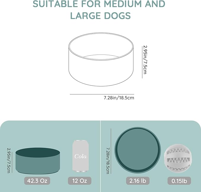 SPUNKYJUNKY 42OZ Ceramic Dog and Cat Bowl, Modern Cute Weighted Food Water Bowl for Replacement Light Green (2 Pack)