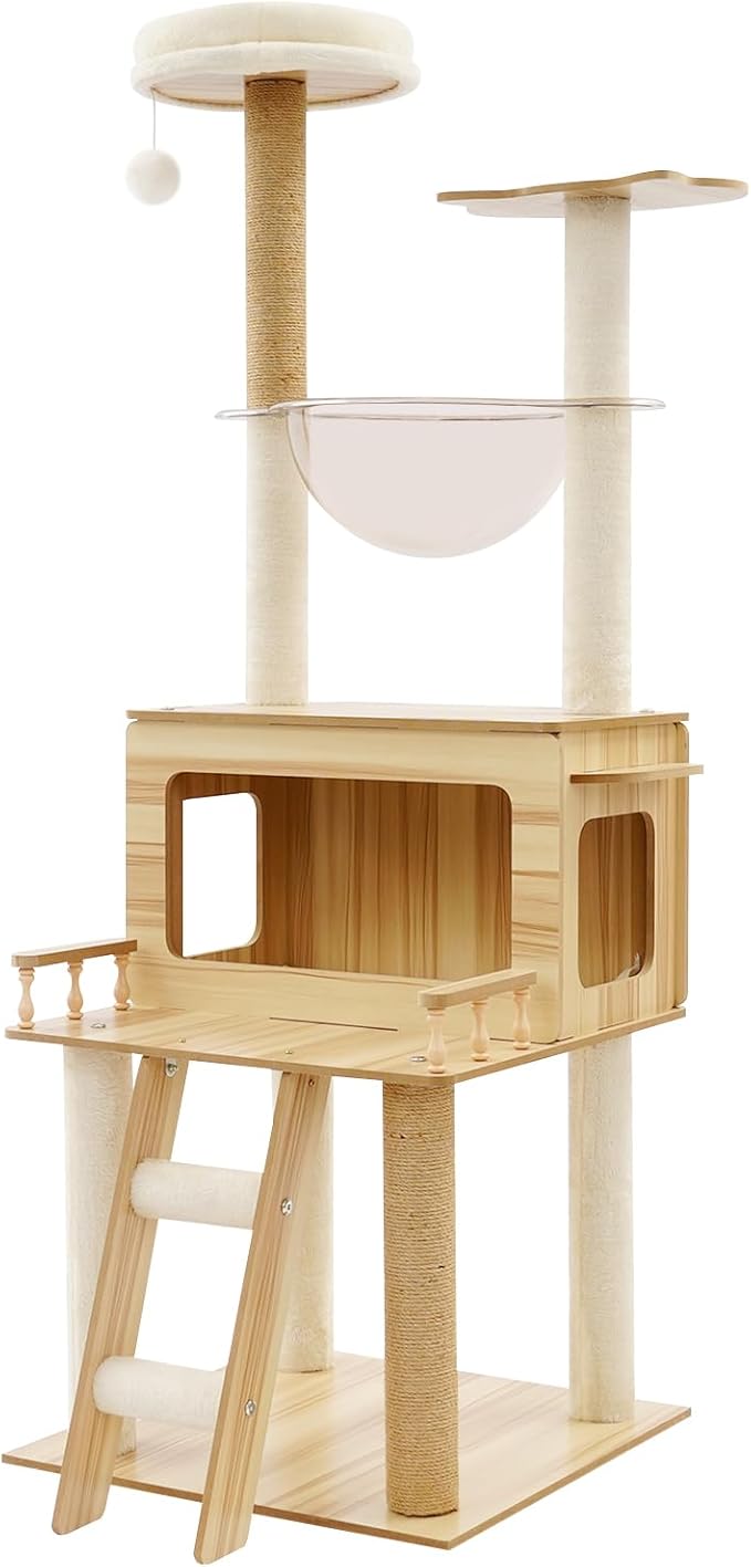 Modern Cat Tree Tower, 57.9 inch Tall Cat Tree for Indoor Cats Activity Center with Clear Capsule Condo Scratching Posts Jumping Platforms