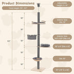 PETSITE Floor to Ceiling Cat Tree with 93”-107” Adjustable Height, 5-Tier Wooden Cat Climbing Pole with Scratching Post, Cozy Hammock and Basket Bed, Floor to Ceiling Cat Tower