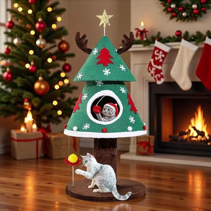 DWVO 47.2in Christmas Cat Tree for Indoor, Cat Tower Cute with Teaser Plaything, Holiday Kitty Climbing Furniture for Kittens to Play and Sleep