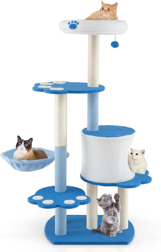 PETSITE 54 inch Cat Tree Tower, Multi-Level Modern Cat Tower with Sisal Scratching Posts, Jingling Ball, Top Perch, Side Hammock, and Cat Condo, Cute Blue Cat Tree for Indoor Cats